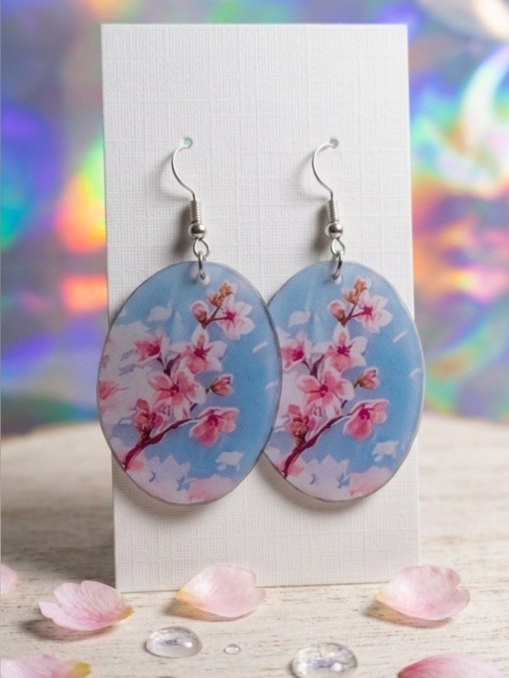 New - Cherry Blossom Oval Drop Earrings in Sky Blue